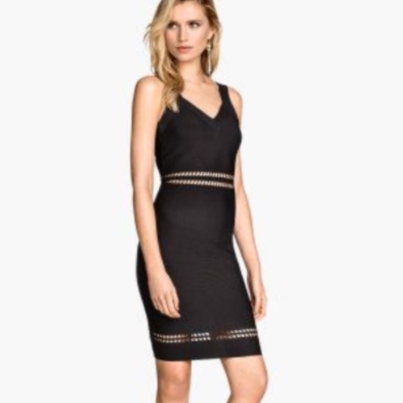 H&M Fine Knit Cut Out Bodycon Midi Dress Sleeveless Black Size Medium - Picture 1 of 7